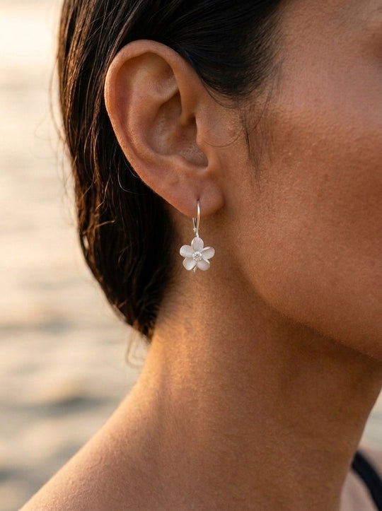 Precious Silver 8mm Plumeria Earrings with 2 White Sapphire