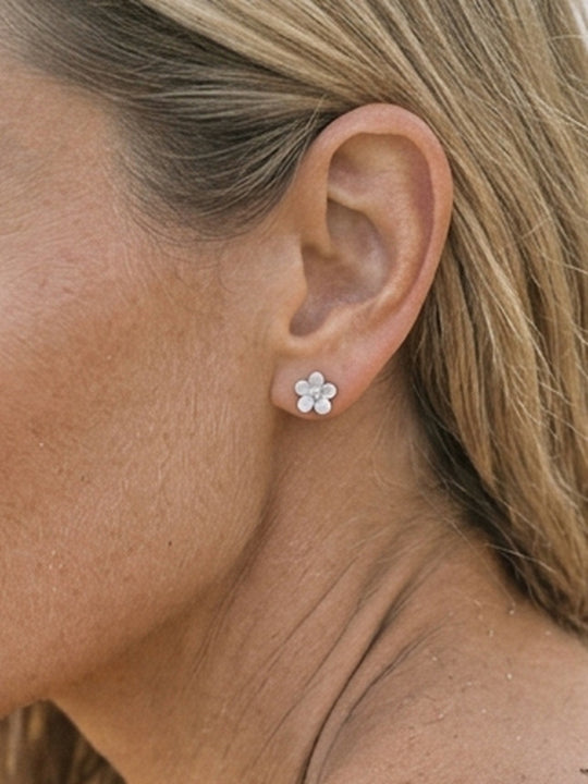 Precious Silver 8mm Plumeria Earrings with 2 White Sapphires