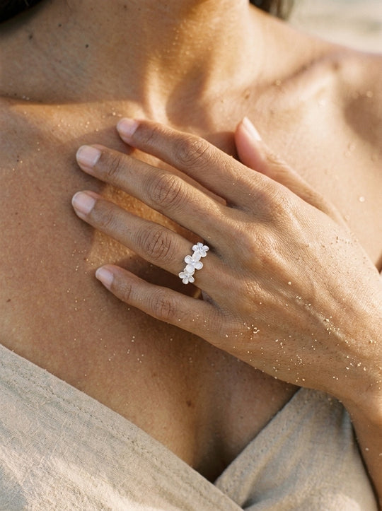 8mm Precious Silver Plumeria Ring with 4 White Sapphire