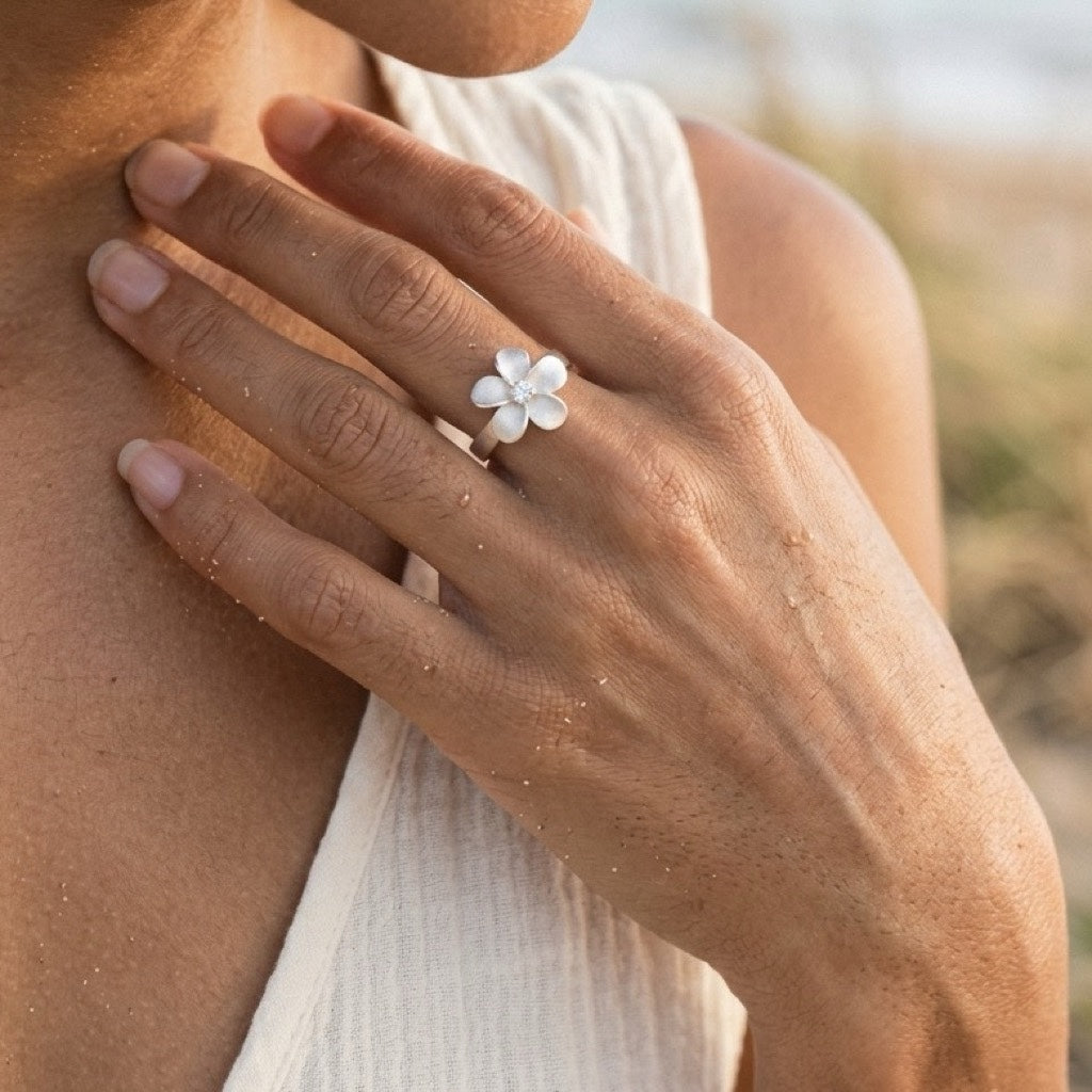13mm Precious Silver Flower Ring with White Sapphire — worn on model (brunette, view 3)
