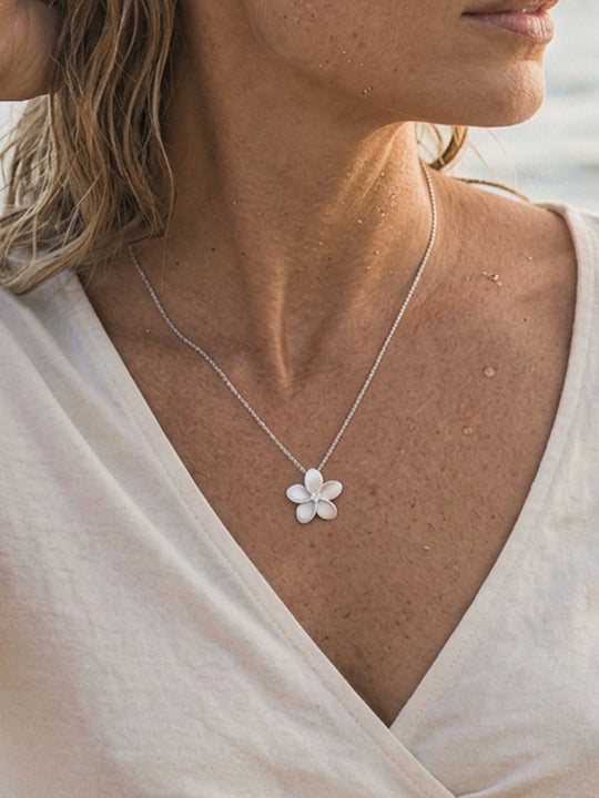 Precious Silver 20mm Plumeria Pendant with White Sapphire