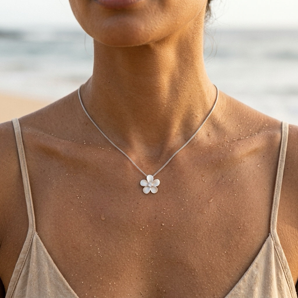 Precious Silver 13mm Plumeria Slide with White Sapphire — worn on model (brunette, view 3)