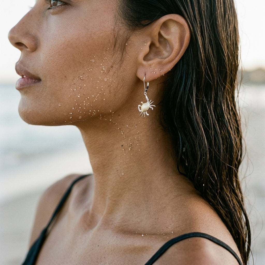 14k 2/tone 18mm Crab Earrings with 4 Diamonds — worn on model (brunette, view 3)
