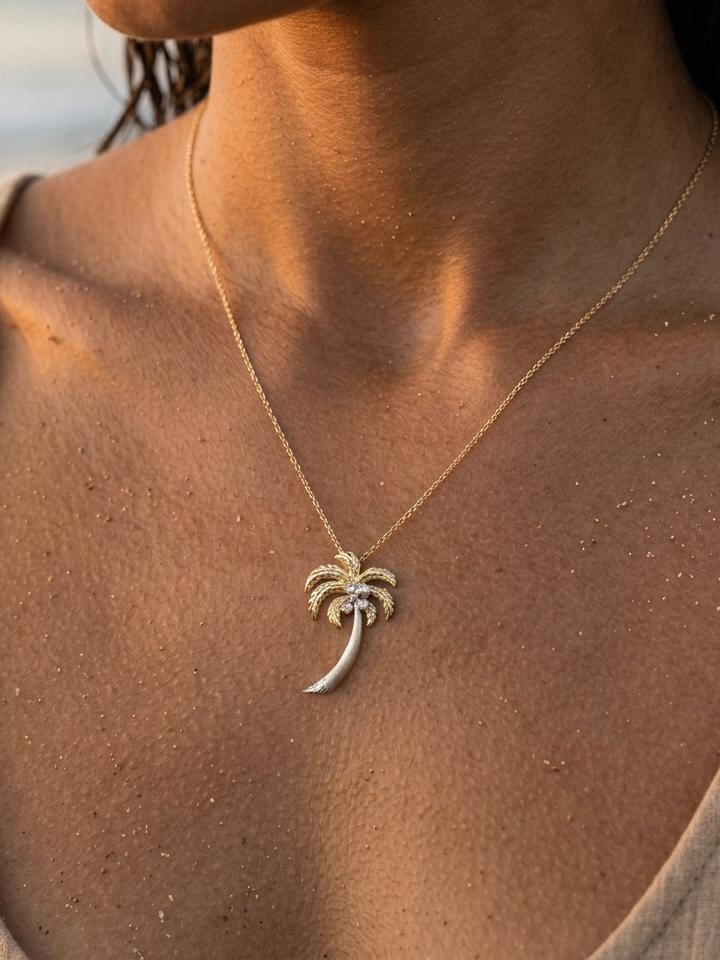 14k 2/tone 30mm Single Palm Tree Pendant with 3 Diamonds — close-up on model