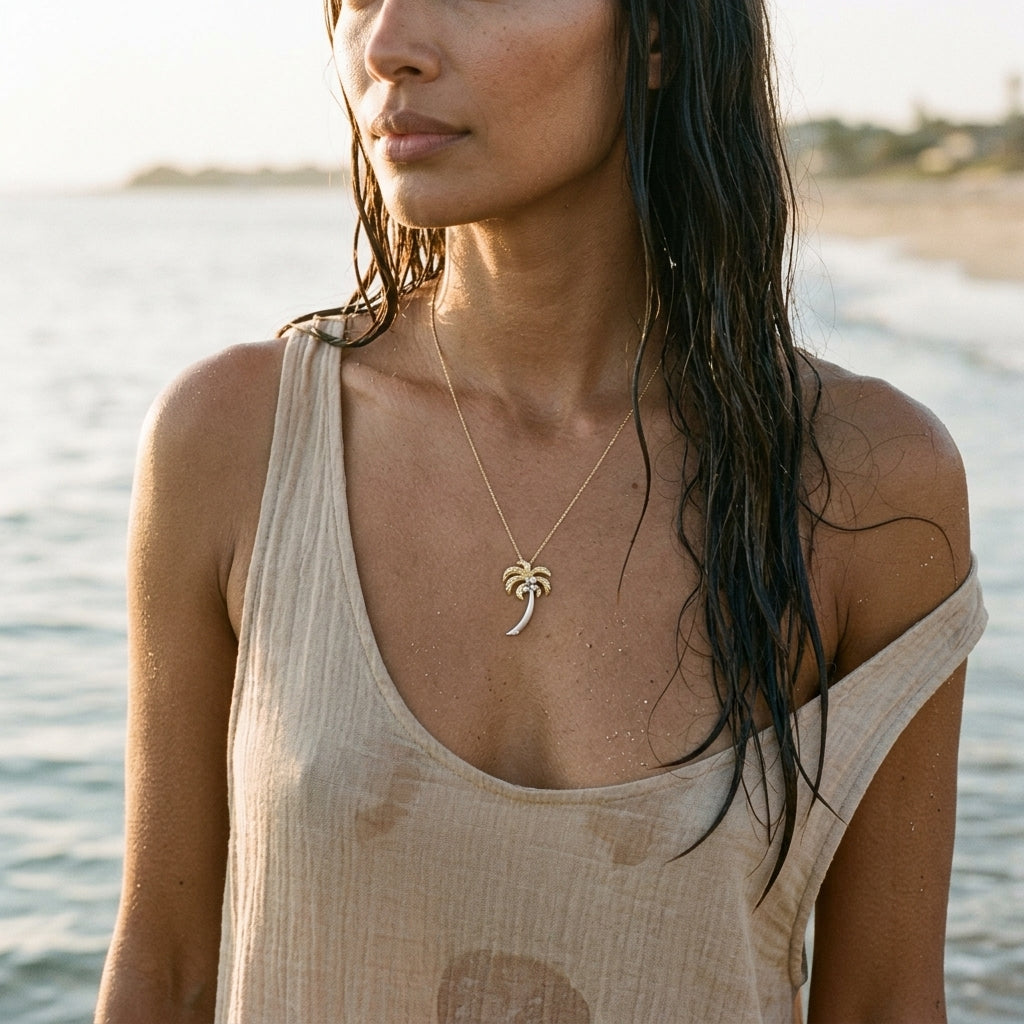 14k 2/tone 30mm Single Palm Tree Pendant with 3 Diamonds — worn on model (brunette, view 1)