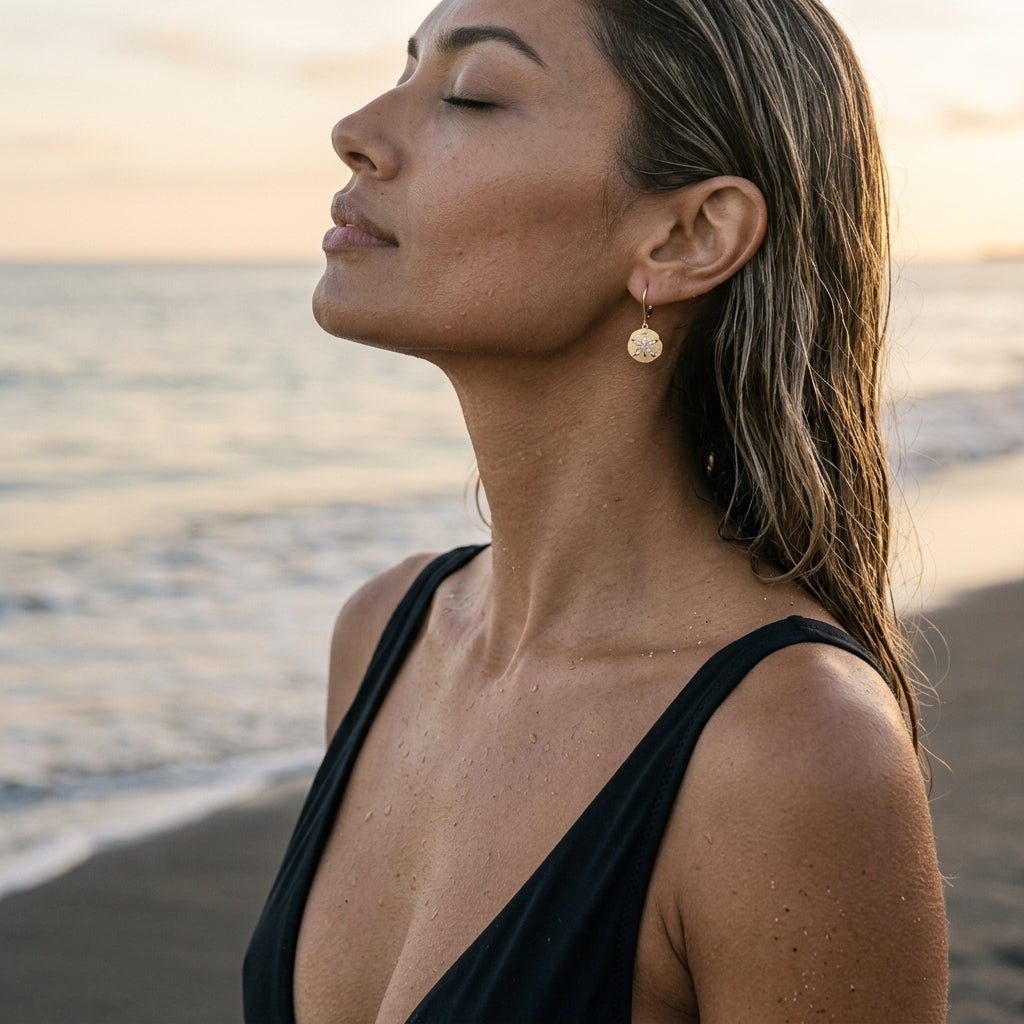 14k 12mm Sand Dollar Earrings with 20 Diamonds — worn on model (brunette, view 1)