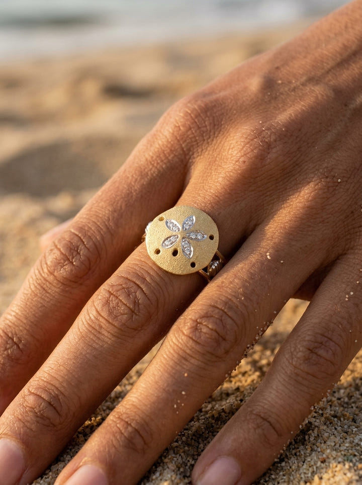 14k 2/tone 12mm Sand Dollar Ring with 10 diamonds — close-up on model
