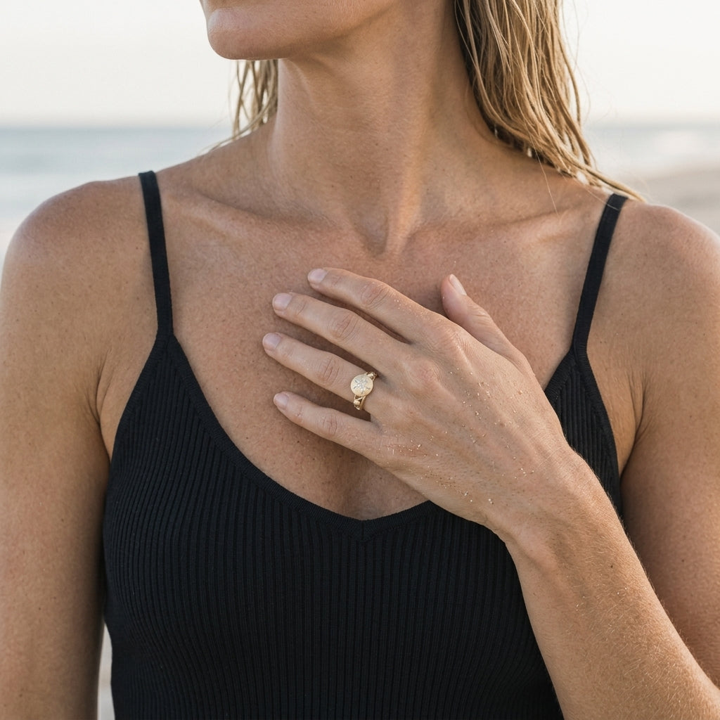14k 8mm Sand Dollar Ring with 5 Diamonds — worn on model (blonde, view 3)