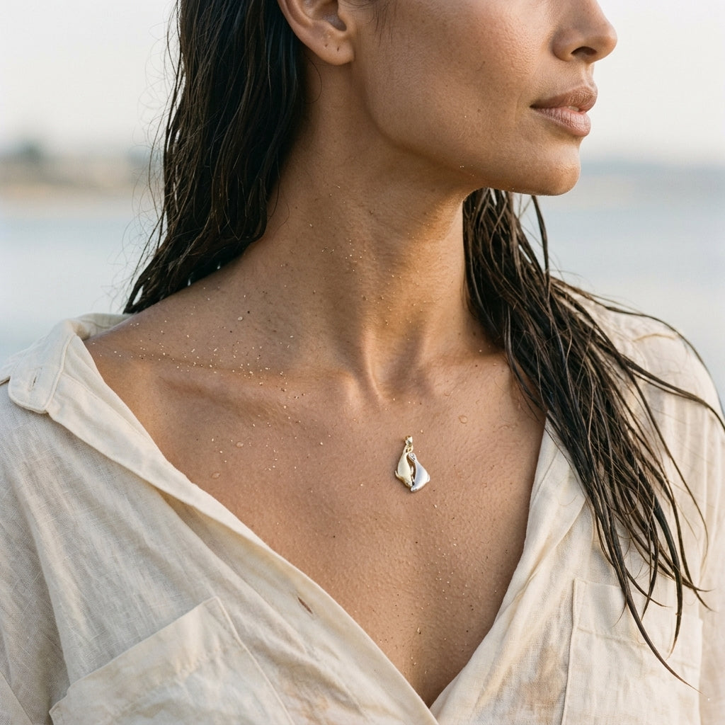 14k 2/tone 20mm Seal Pendant "Dancing Couple" with 4 Diamonds — worn on model (brunette, view 3)