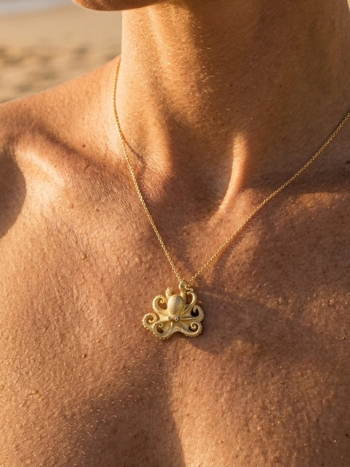 14k 21mm Octopus Pendant with 2 Diamonds — close-up on model