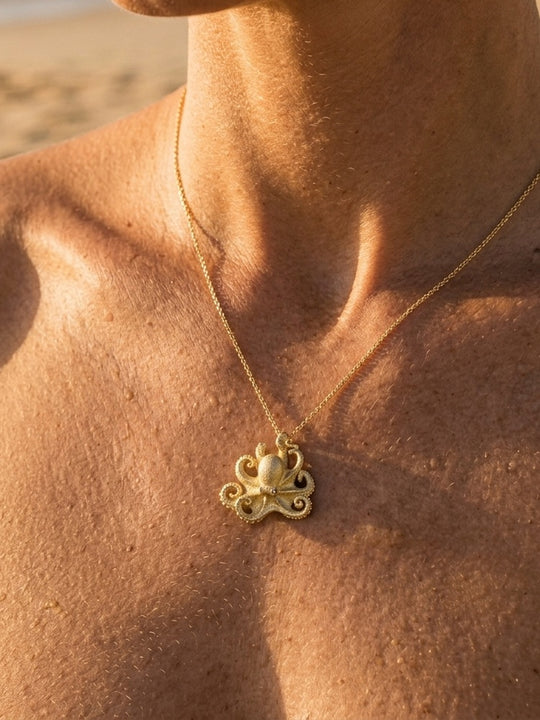 14k 21mm Octopus Pendant with 2 Diamonds
