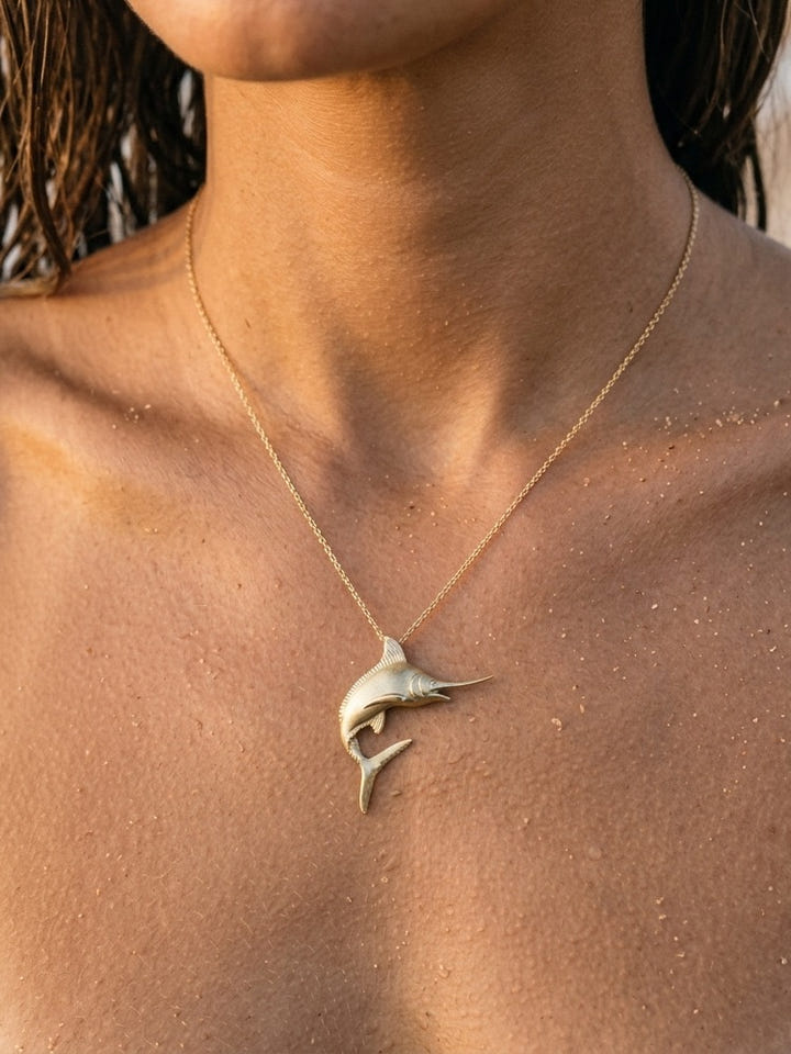14k 2/tone 40mm Blue Marlin Pendant with 2 Diamonds — close-up on model