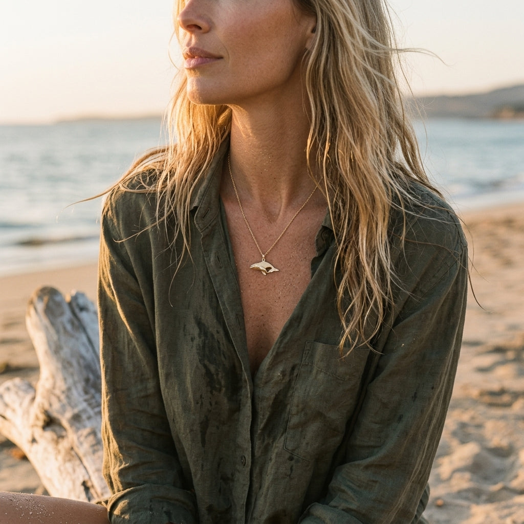 14k 23mm Whale "Humpback Single" Pendant — worn on model (blonde, view 1)