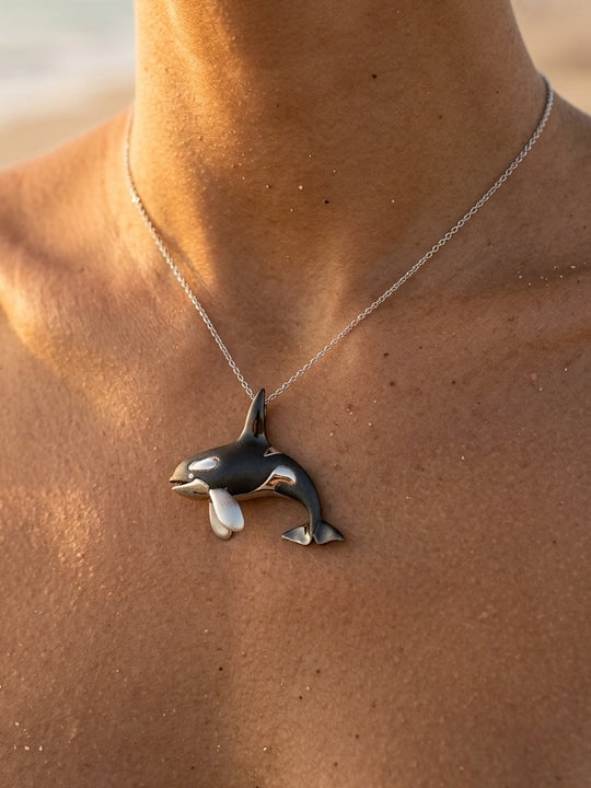 14k 40mm 2/tone (Black and White) Killing Whale Pendant with 2 Diamonds