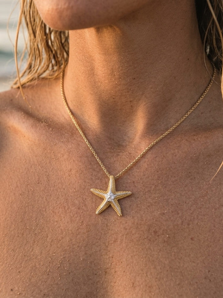 14k 21mm Starfish Pendant with 5 Diamonds — close-up on model