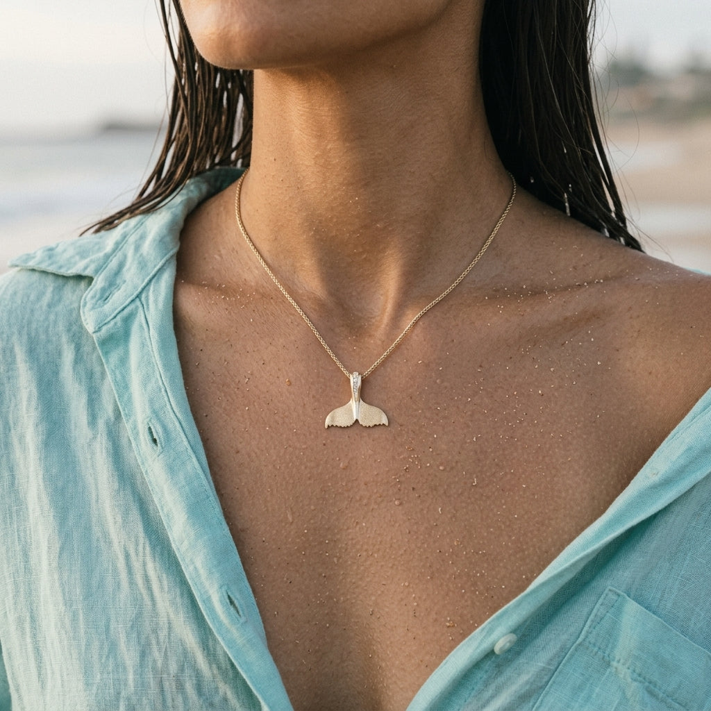 14k 21mm Whale Saw Tail Pendant with 5 Diamonds — worn on model (brunette, view 4)