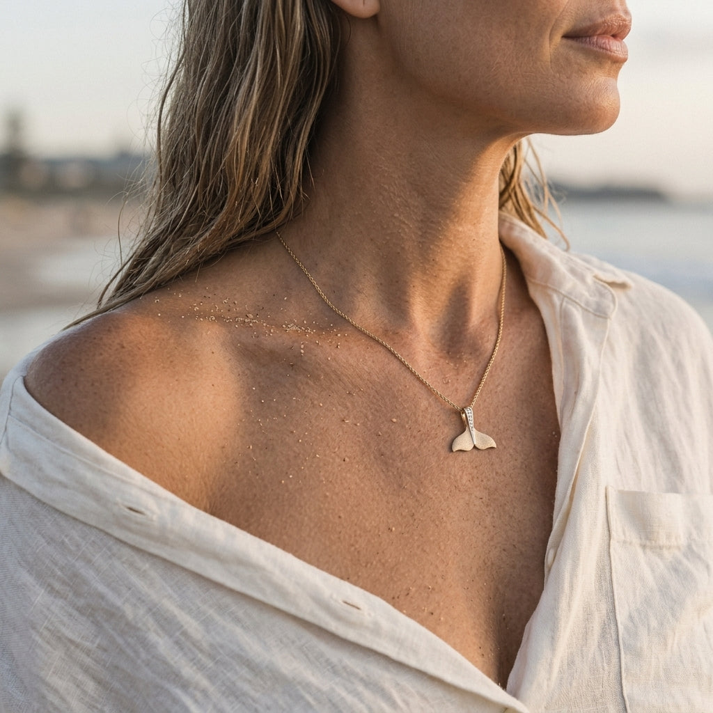 14k 25mm Whale Tail Pendant with 5 Diamonds — worn on model (blonde, view 3)