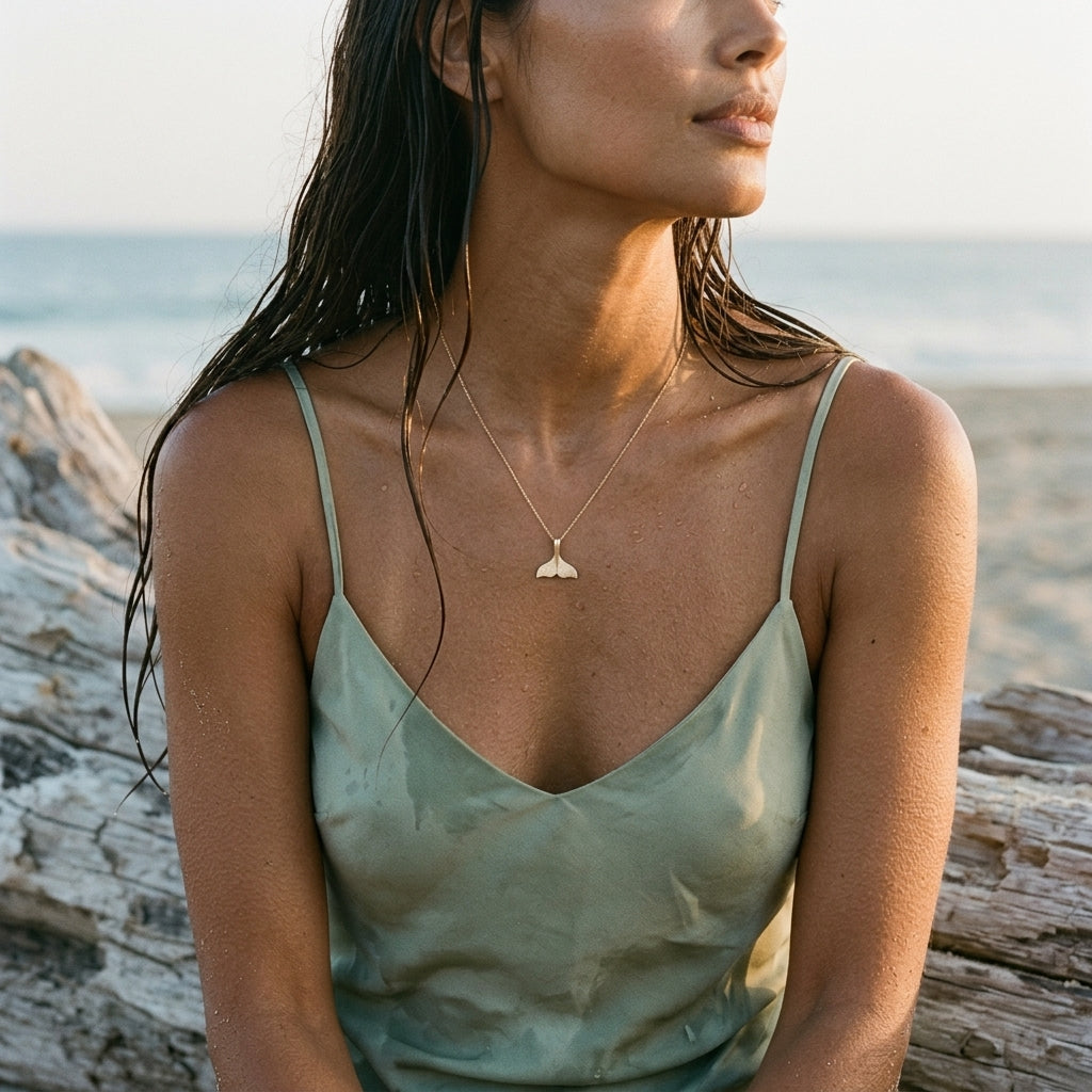 14k 16mm Whale Saw Tail Pendant — worn on model (brunette, view 1)