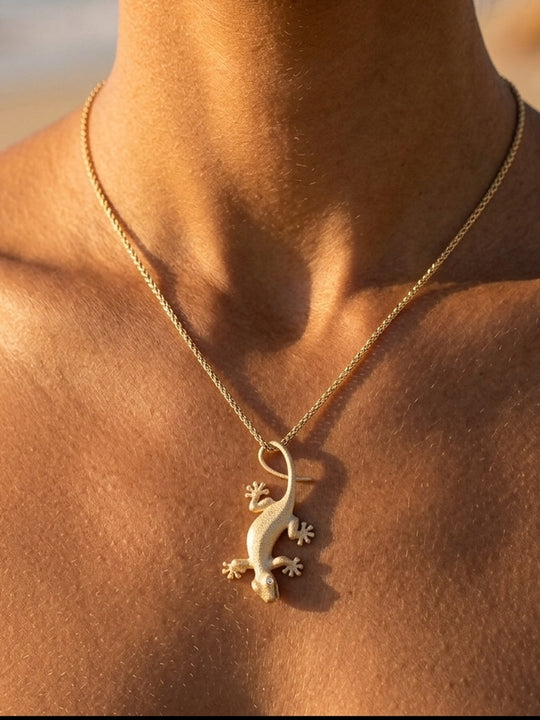 14k 28mm Gecko Pendant with 2 Diamonds