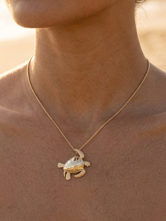 14k 30mm Sea Turtle Pendant with 2 Diamonds
