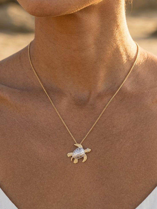 14k 2/tone 20mm Sea Turtle Pendant with 2 Diamonds