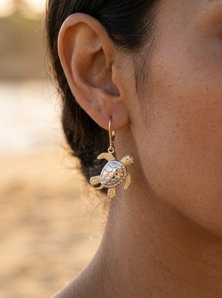 14k 2/tone 20mm Sea Turtle Earring with 4 Diamonds — close-up on model