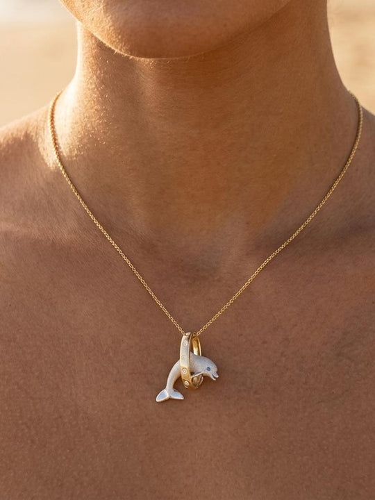 14k 2/tone 20mm "Jumping Loop" Dolphin Pendant with 5 diamonds