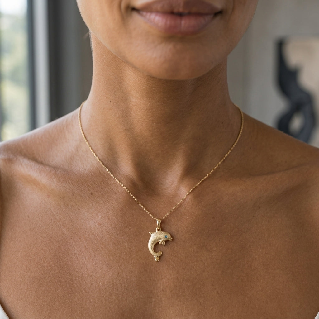 14k 15mm "Jumping Single" Dolphin Pendant with 0.01 carat blue diamond — worn on model (brunette, view 2)