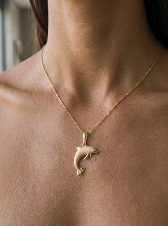 14k 28mm "Jumping Single" Dolphin Pendant with 2 diamonds