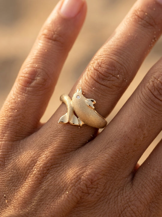 14k 20mm "Jumping Single" Dolphin Ring with 0.01 carat diamond
