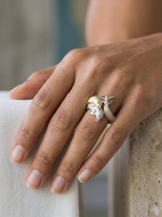 14k 2/tone 20mm "Jumping Couple" Dolphin Ring