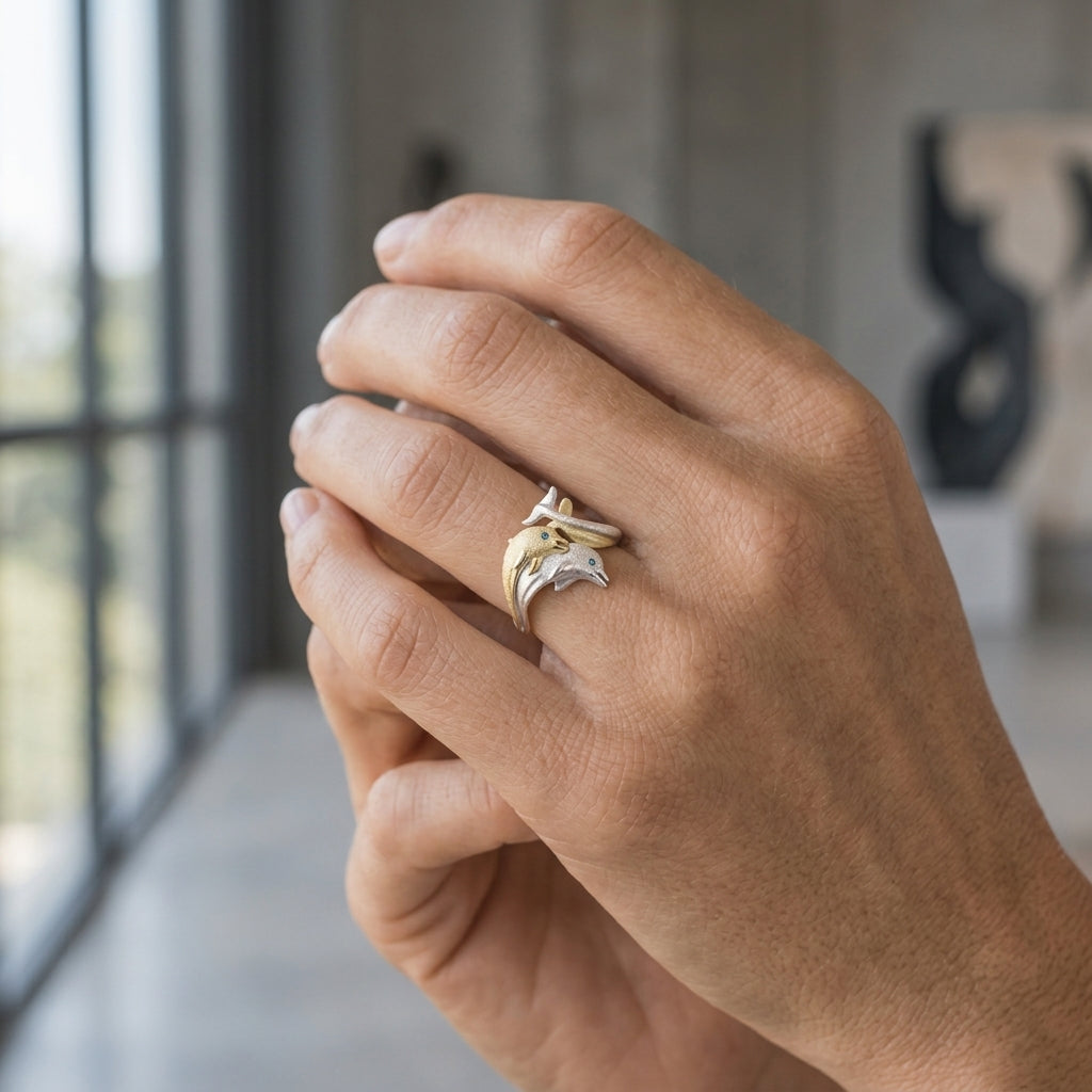 14k 2/tone 20mm "Jumping Couple" Dolphin Ring — worn on model (blonde, view 2)