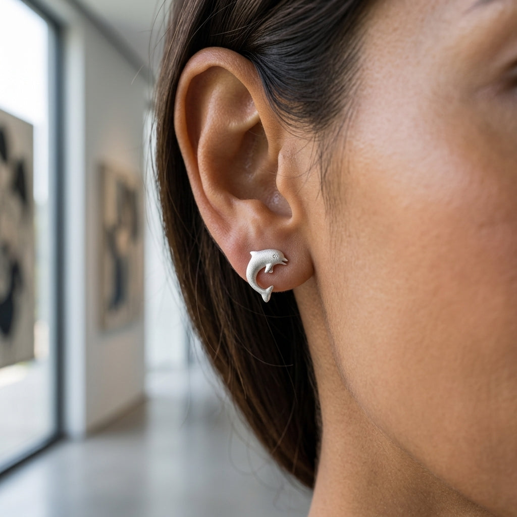 14k 15mm "Jumping Single" Stud Dolphin Earrings with 2 Diamonds — worn on model (brunette, view 2)