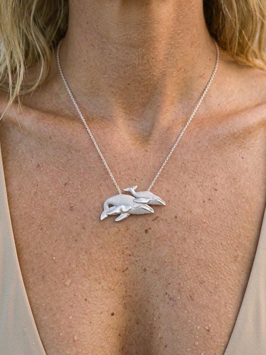 Precious Silver 36mm Whale Pendant "First Breath" with 2 Diamonds