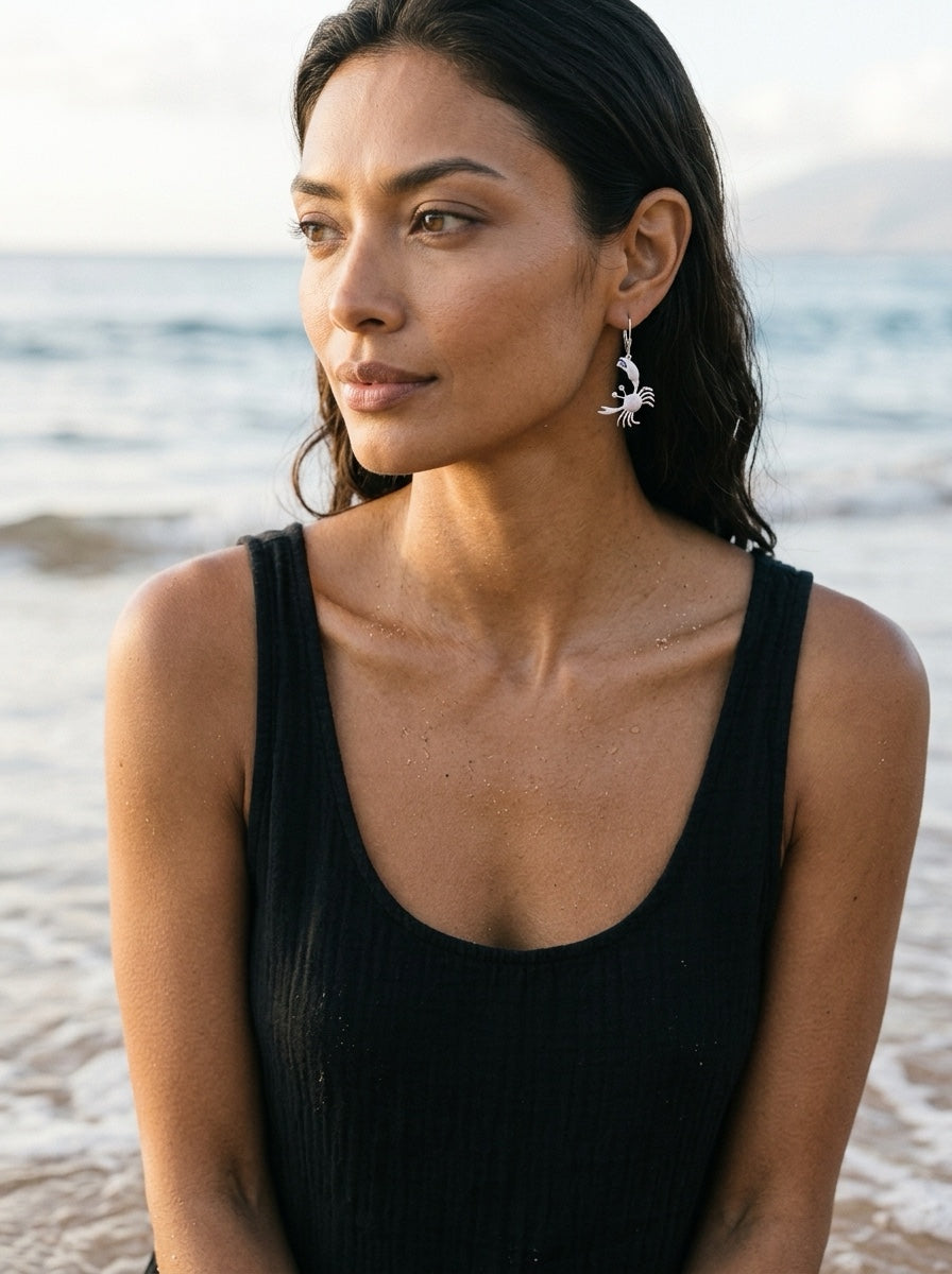 Precious Silver 22mm Crab Earrings with 4 Diamonds and 2 Tanzanite — worn on model (brunette, view 1)