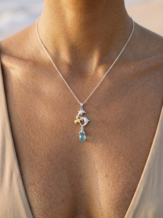 10mm Precious Silver 18k "Dancing Couple" Dolphin Pendant