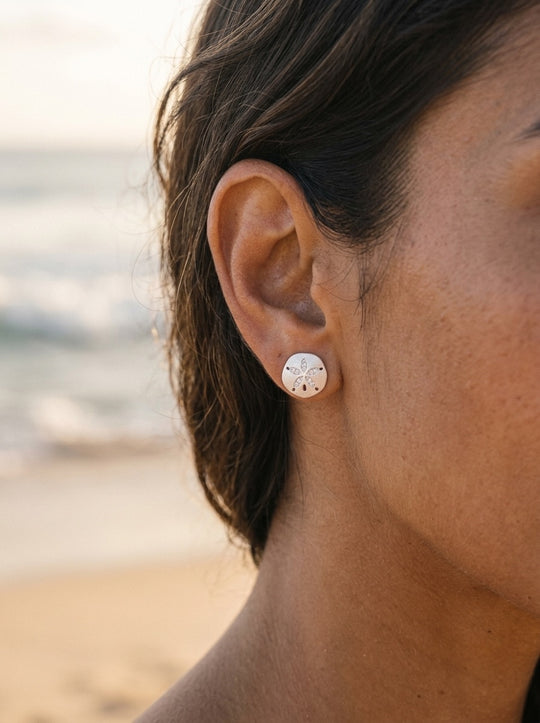 12mm Precious Silver Sand Dollar Earring with 20 White Sapphires