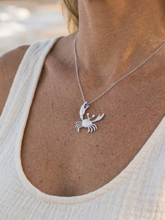 Precious Silver 22mm Crab Pendant with 2 Diamonds and Tanzanite