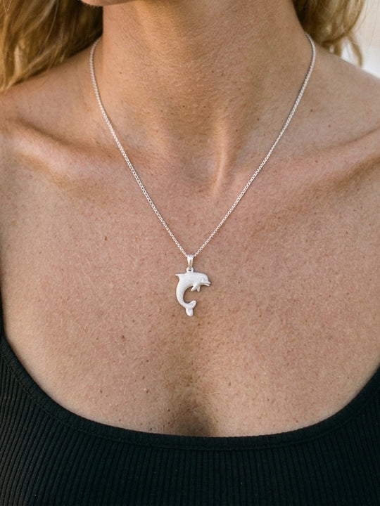 Precious Silver 20mm "Jumping Single" Dolphin Pendant with diamond