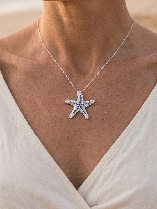 Precious Silver 22mm Starfish Pendant with 31 Blue Sapphires