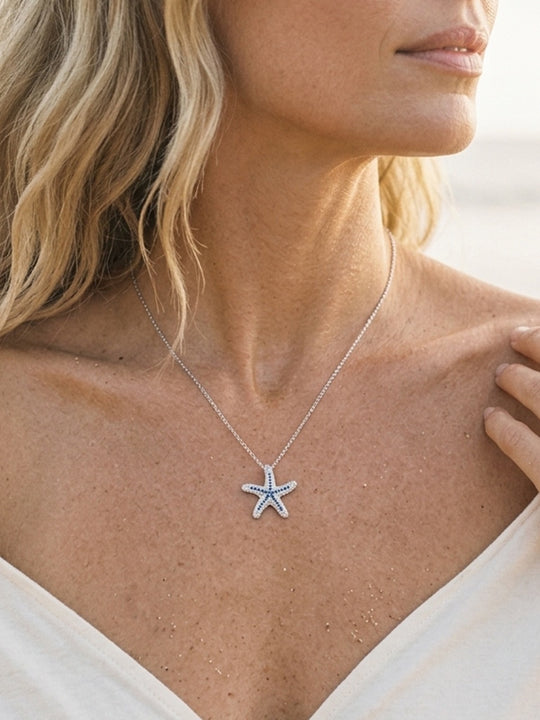 Precious Silver 22mm Starfish Pendant with 31 Blue Sapphires