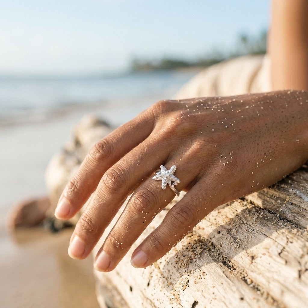 Precious Silver 18mm Starfish Ring with White Sapphire — worn on model (brunette, view 3)