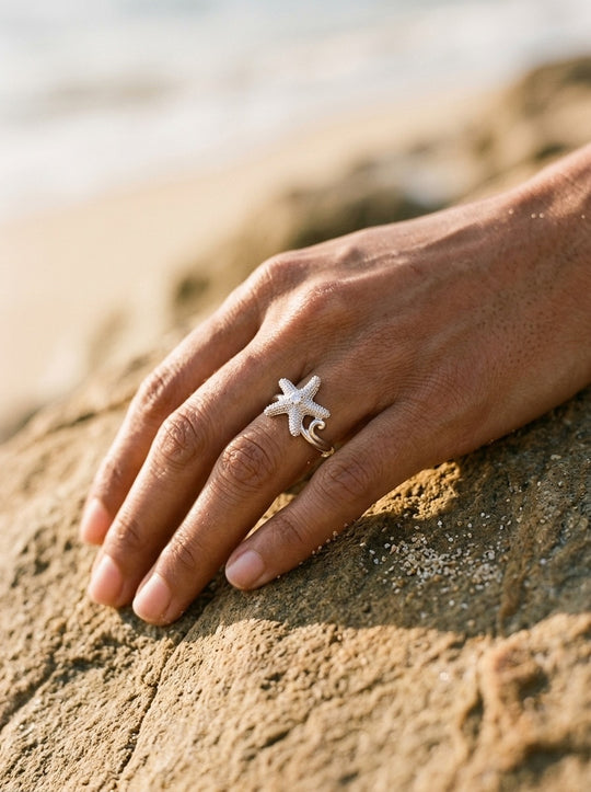 Precious Silver 18mm Starfish Ring with White Sapphire
