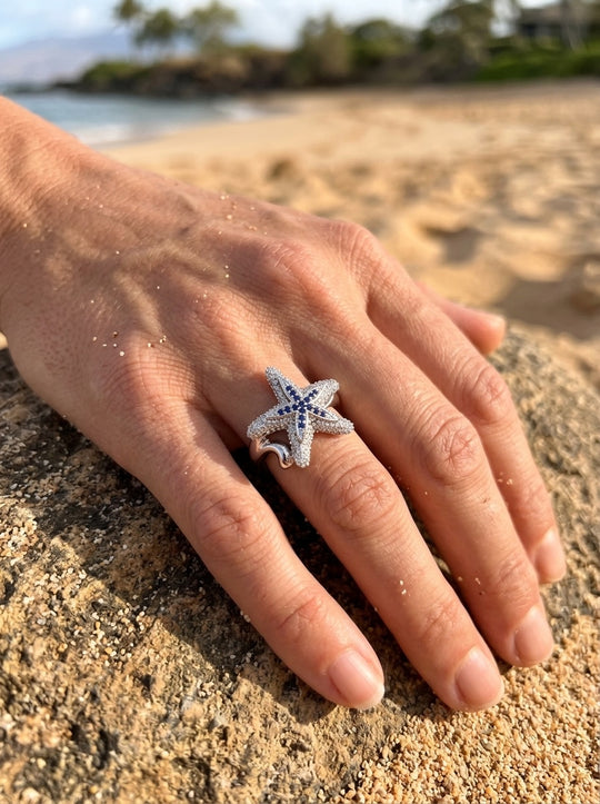 Precious Silver 18mm Starfish Ring with 16 Blue Sapphire