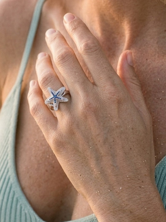 Precious Silver 18mm Starfish Ring with 16 Blue Sapphire