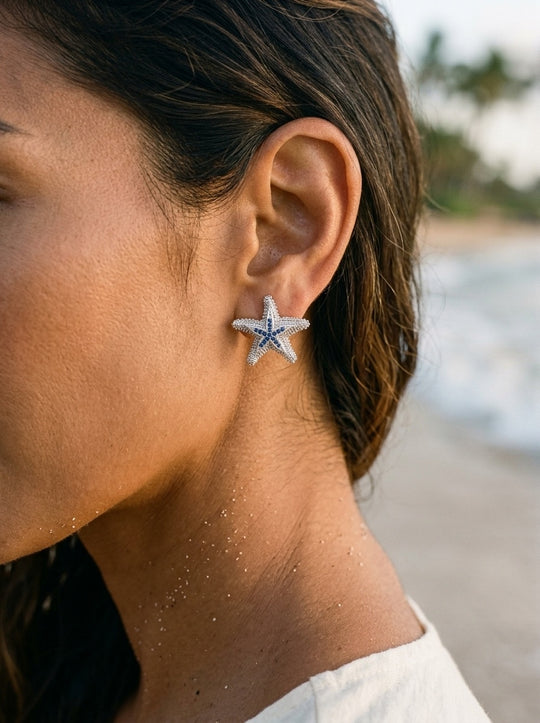 Precious Silver 18mm Starfish Earrings with 32 Blue Sapphires