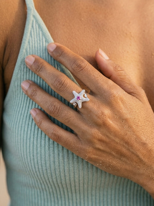 Precious Silver 18mm Starfish Ring with Pink Sapphire