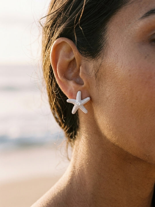 Precious Silver 18mm Starfish Earring with 2 White Sapphire