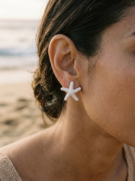 Precious Silver 18mm Starfish Earring with 2 White Sapphire