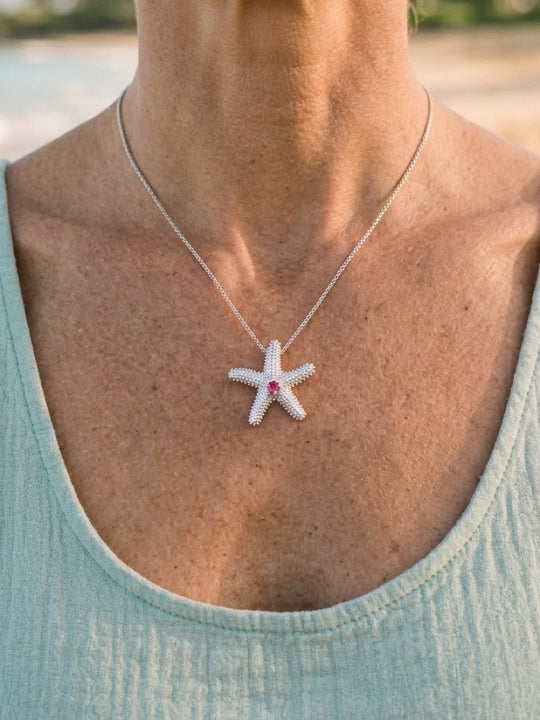 Precious Silver 18mm Starfish Pendant with Pink Sapphire
